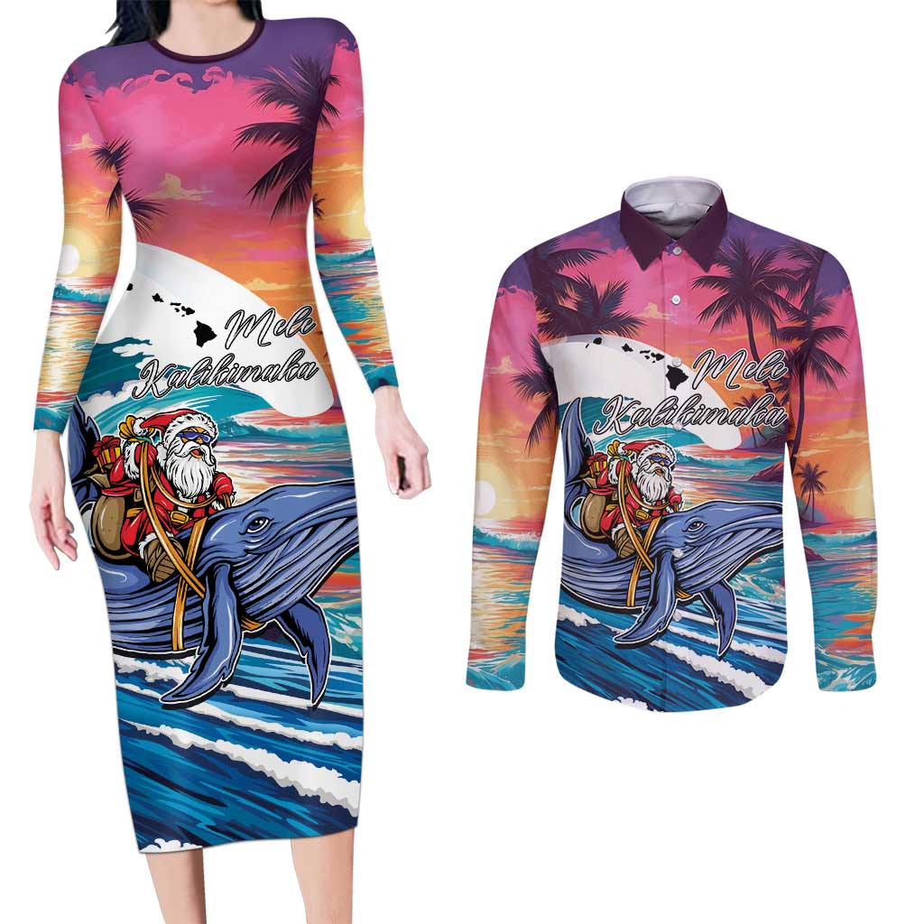 Hawaiian Mele Kalikimaka Couples Matching Long Sleeve Bodycon Dress and Long Sleeve Button Shirt Santa Claus Driving The Whale with Sunset Ocean Landscape LT03 Blue - Polynesian Pride