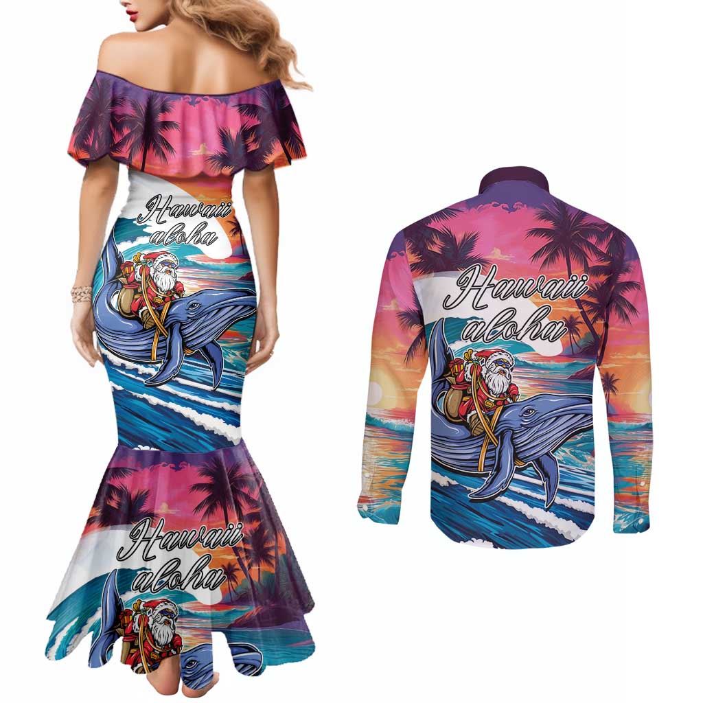 Hawaiian Mele Kalikimaka Couples Matching Mermaid Dress and Long Sleeve Button Shirt Santa Claus Driving The Whale with Sunset Ocean Landscape LT03 - Polynesian Pride