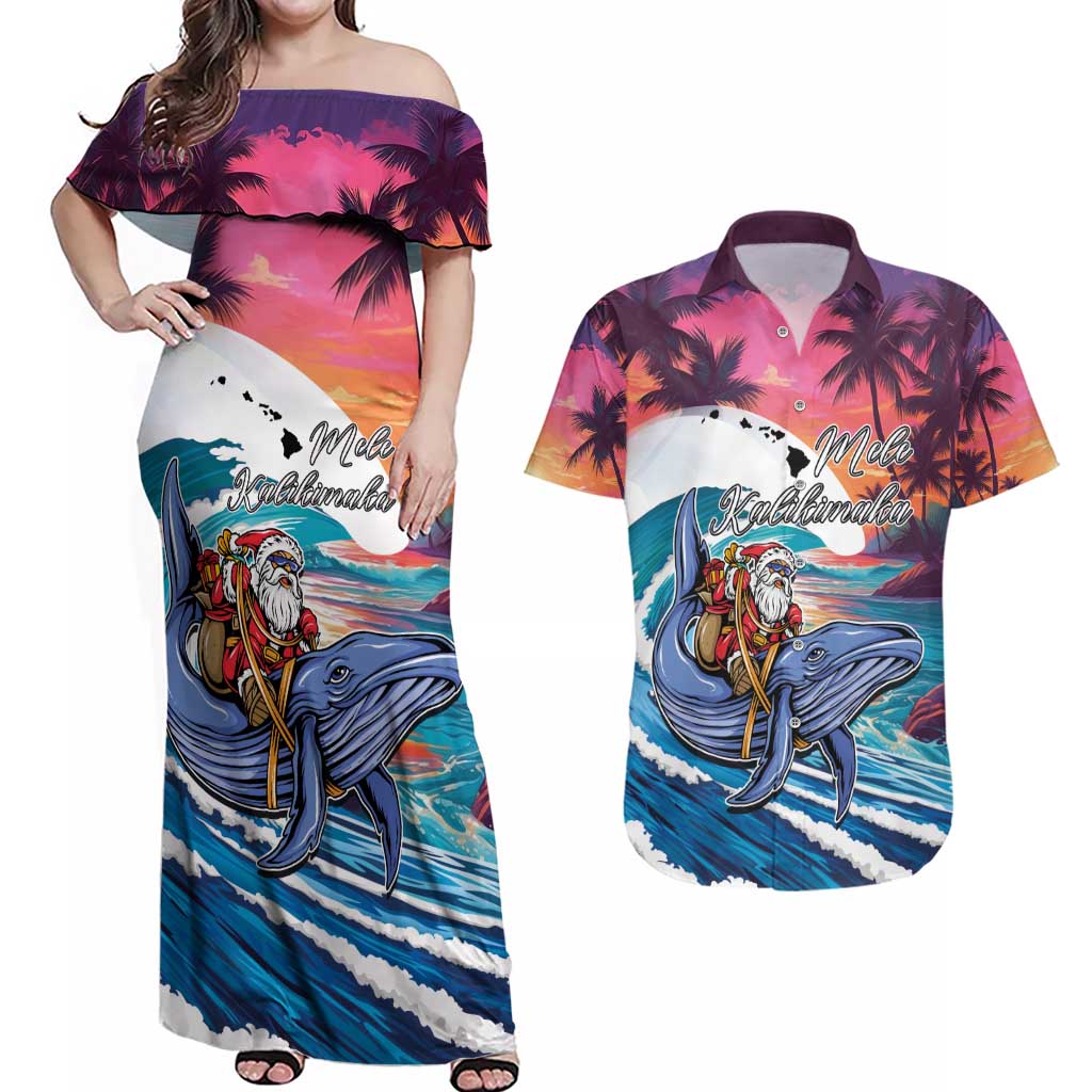 Hawaiian Mele Kalikimaka Couples Matching Off Shoulder Maxi Dress and Hawaiian Shirt Santa Claus Driving The Whale with Sunset Ocean Landscape LT03 Blue - Polynesian Pride