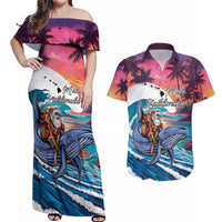 Hawaiian Mele Kalikimaka Couples Matching Off Shoulder Maxi Dress and Hawaiian Shirt Santa Claus Driving The Whale with Sunset Ocean Landscape LT03 Blue - Polynesian Pride