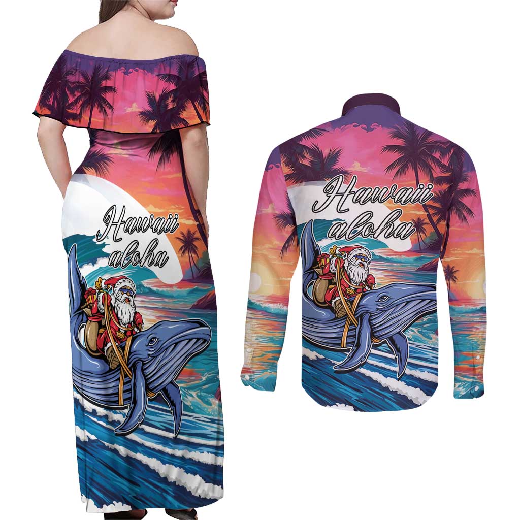 Hawaiian Mele Kalikimaka Couples Matching Off Shoulder Maxi Dress and Long Sleeve Button Shirt Santa Claus Driving The Whale with Sunset Ocean Landscape LT03 - Polynesian Pride