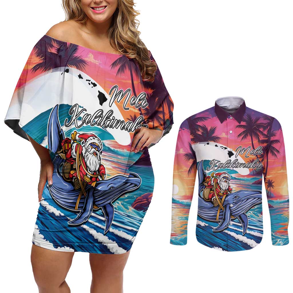 Hawaiian Mele Kalikimaka Couples Matching Off Shoulder Short Dress and Long Sleeve Button Shirt Santa Claus Driving The Whale with Sunset Ocean Landscape LT03 Blue - Polynesian Pride