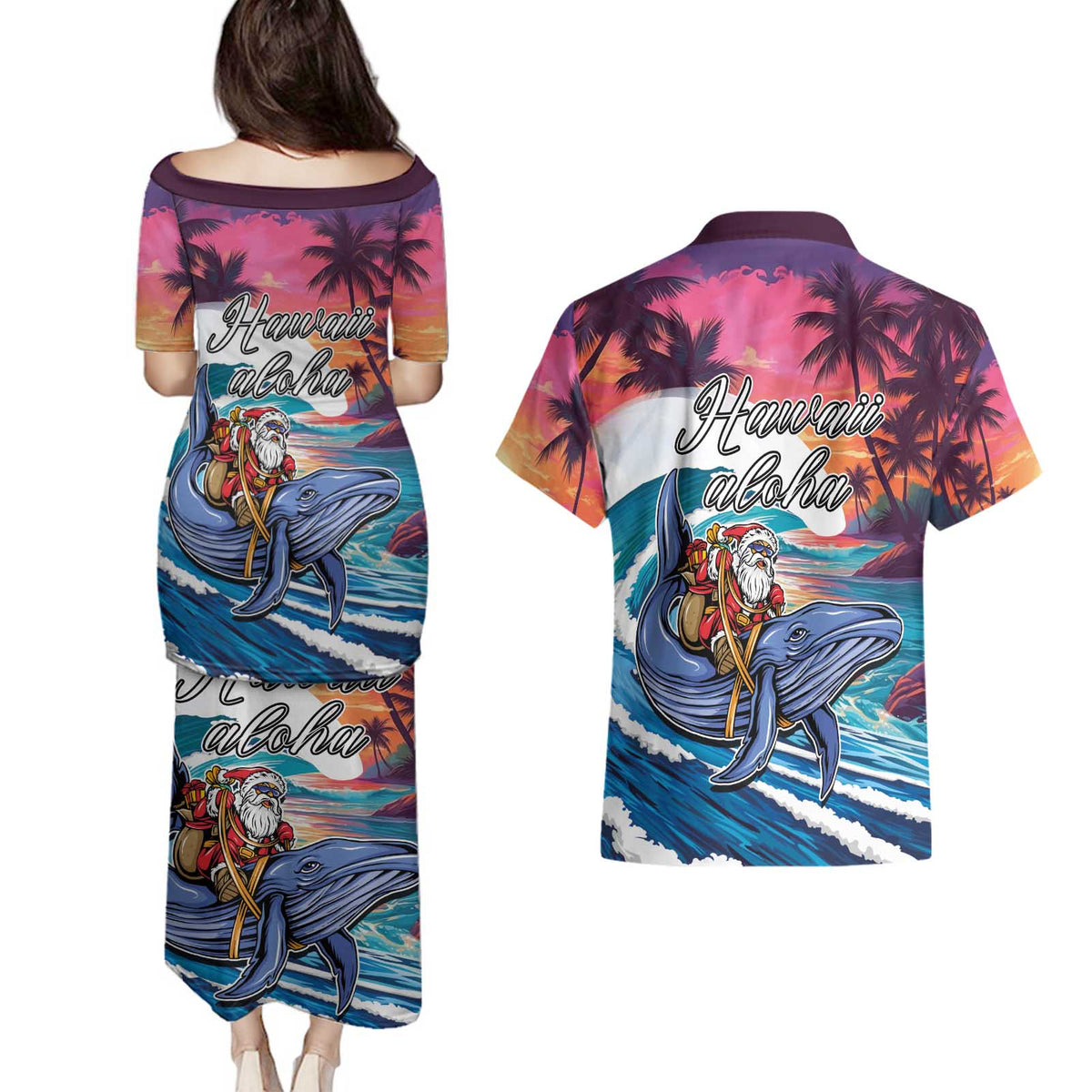 Hawaiian Mele Kalikimaka Couples Matching Puletasi and Hawaiian Shirt Santa Claus Driving The Whale with Sunset Ocean Landscape LT03 - Polynesian Pride