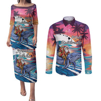 Hawaiian Mele Kalikimaka Couples Matching Puletasi and Long Sleeve Button Shirt Santa Claus Driving The Whale with Sunset Ocean Landscape LT03 Blue - Polynesian Pride