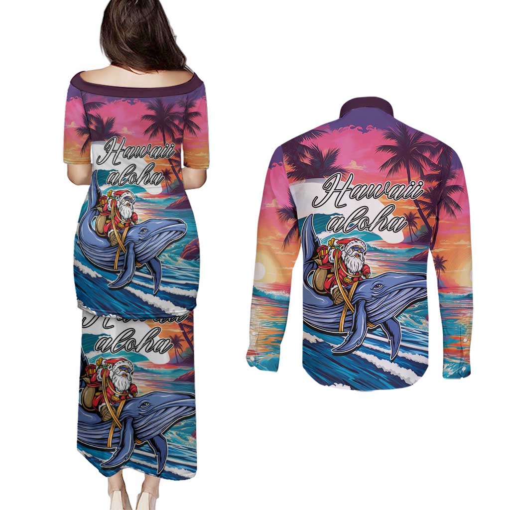 Hawaiian Mele Kalikimaka Couples Matching Puletasi and Long Sleeve Button Shirt Santa Claus Driving The Whale with Sunset Ocean Landscape LT03 - Polynesian Pride