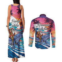 Hawaiian Mele Kalikimaka Couples Matching Tank Maxi Dress and Long Sleeve Button Shirt Santa Claus Driving The Whale with Sunset Ocean Landscape LT03 - Polynesian Pride