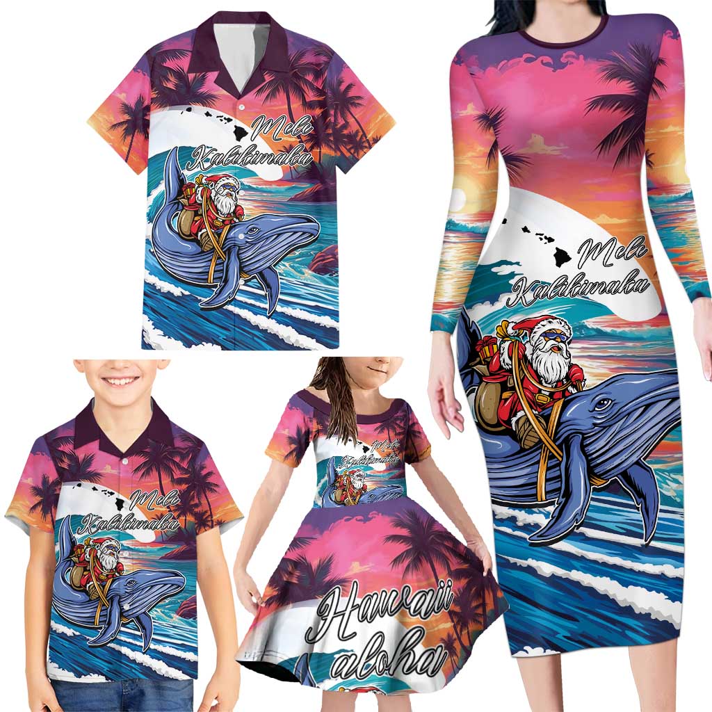 Hawaiian Mele Kalikimaka Family Matching Long Sleeve Bodycon Dress and Hawaiian Shirt Santa Claus Driving The Whale with Sunset Ocean Landscape LT03 - Polynesian Pride