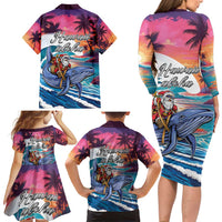 Hawaiian Mele Kalikimaka Family Matching Long Sleeve Bodycon Dress and Hawaiian Shirt Santa Claus Driving The Whale with Sunset Ocean Landscape LT03 - Polynesian Pride