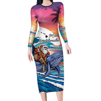 Hawaiian Mele Kalikimaka Family Matching Long Sleeve Bodycon Dress and Hawaiian Shirt Santa Claus Driving The Whale with Sunset Ocean Landscape LT03 Mom's Dress Blue - Polynesian Pride