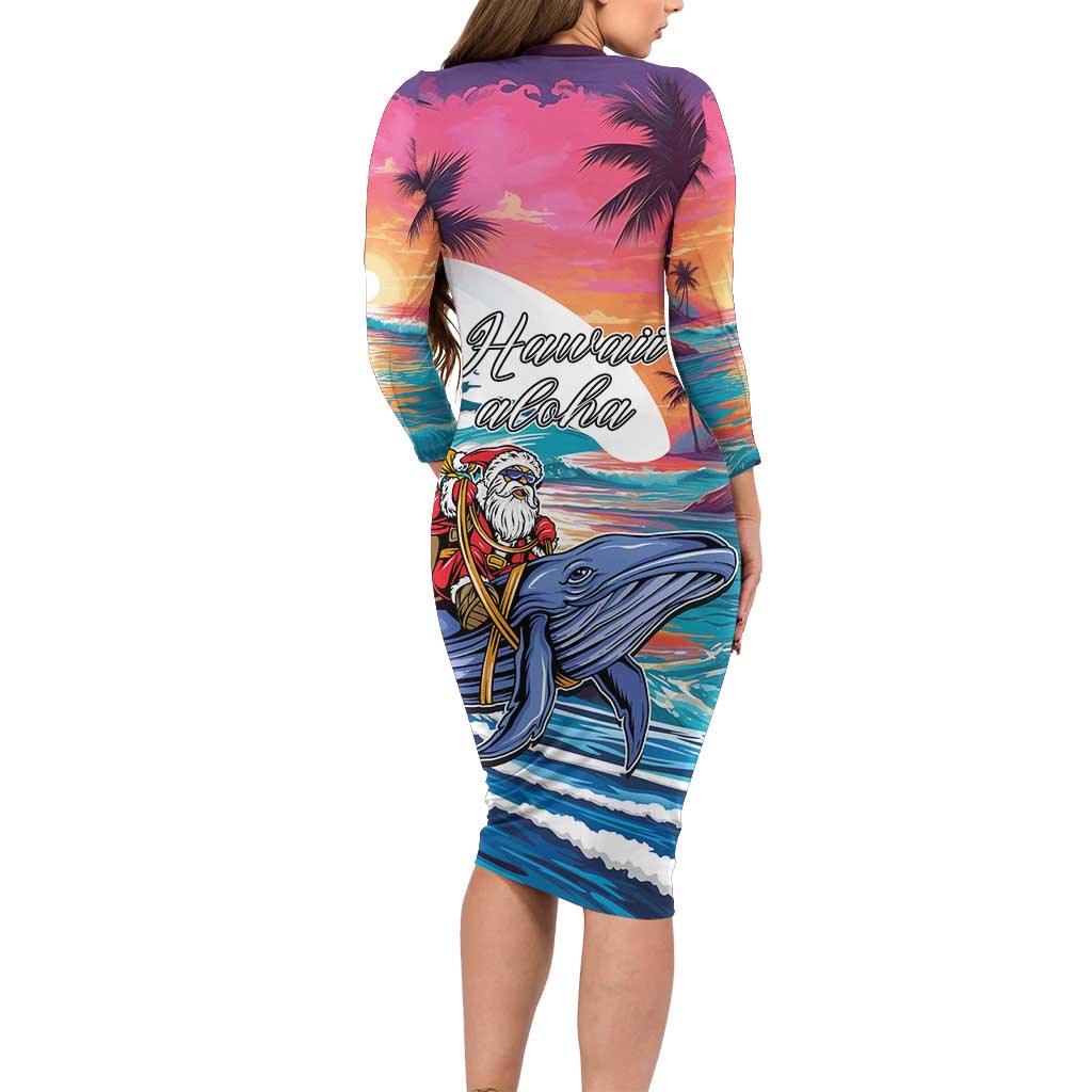 Hawaiian Mele Kalikimaka Family Matching Long Sleeve Bodycon Dress and Hawaiian Shirt Santa Claus Driving The Whale with Sunset Ocean Landscape LT03 - Polynesian Pride
