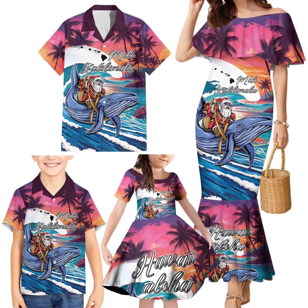 Hawaiian Mele Kalikimaka Family Matching Mermaid Dress and Hawaiian Shirt Santa Claus Driving The Whale with Sunset Ocean Landscape LT03 - Polynesian Pride