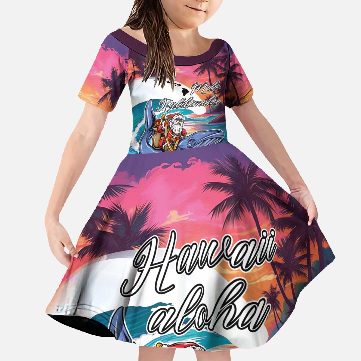 Hawaiian Mele Kalikimaka Family Matching Off The Shoulder Long Sleeve Dress and Hawaiian Shirt Santa Claus Driving The Whale with Sunset Ocean Landscape LT03 Daughter's Dress Blue - Polynesian Pride
