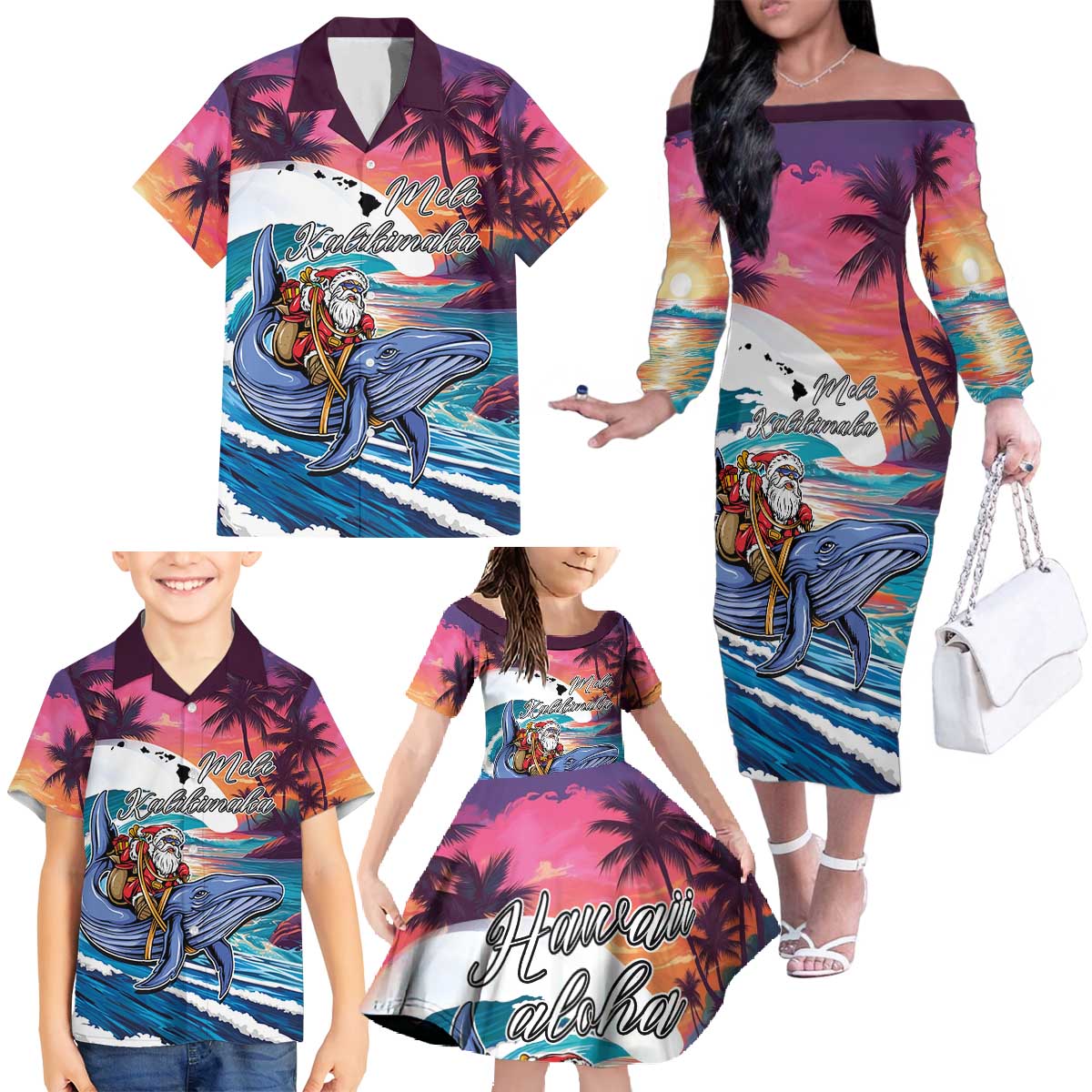 Hawaiian Mele Kalikimaka Family Matching Off The Shoulder Long Sleeve Dress and Hawaiian Shirt Santa Claus Driving The Whale with Sunset Ocean Landscape LT03 - Polynesian Pride