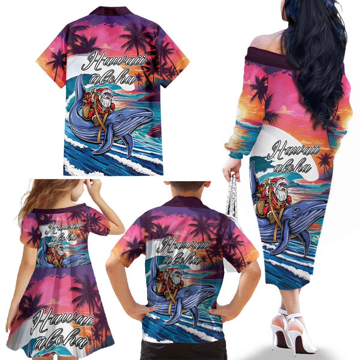 Hawaiian Mele Kalikimaka Family Matching Off The Shoulder Long Sleeve Dress and Hawaiian Shirt Santa Claus Driving The Whale with Sunset Ocean Landscape LT03 - Polynesian Pride