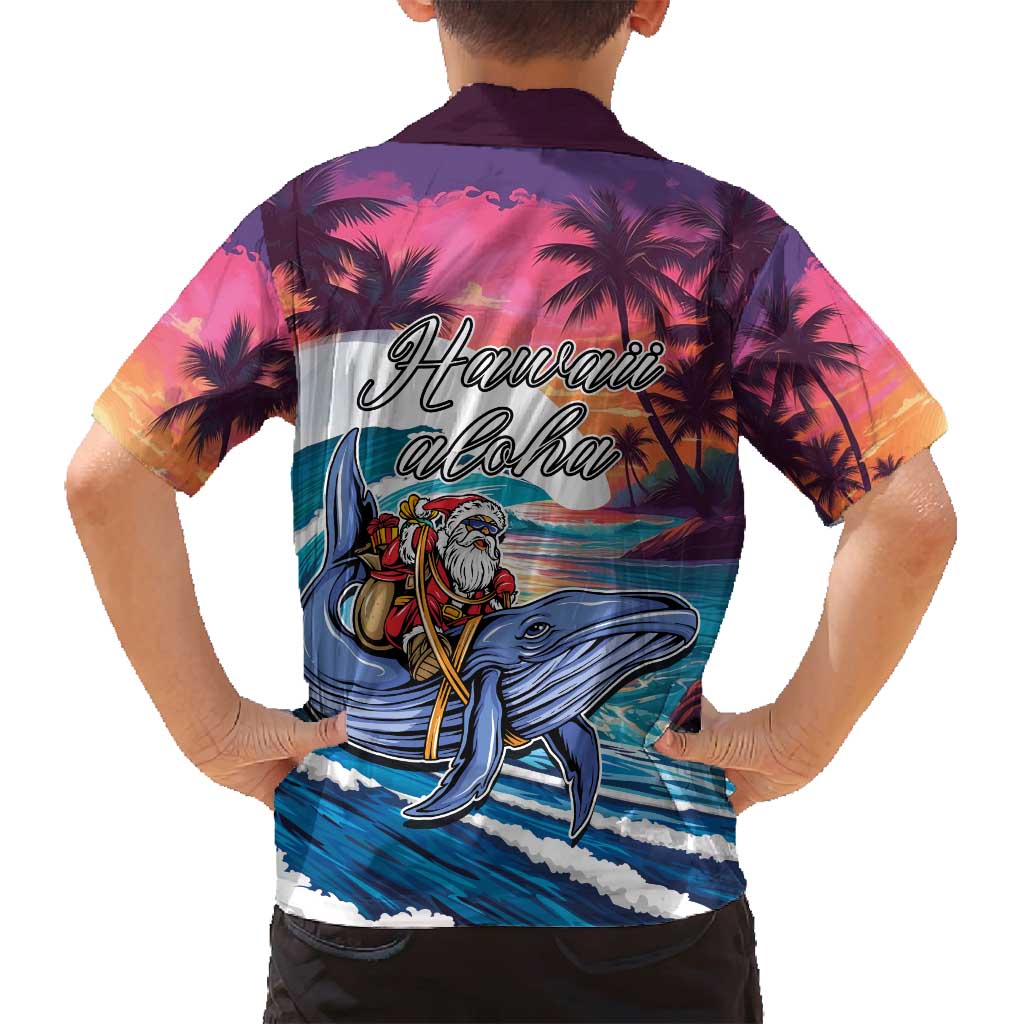 Hawaiian Mele Kalikimaka Family Matching Off Shoulder Short Dress and Hawaiian Shirt Santa Claus Driving The Whale with Sunset Ocean Landscape LT03 - Polynesian Pride