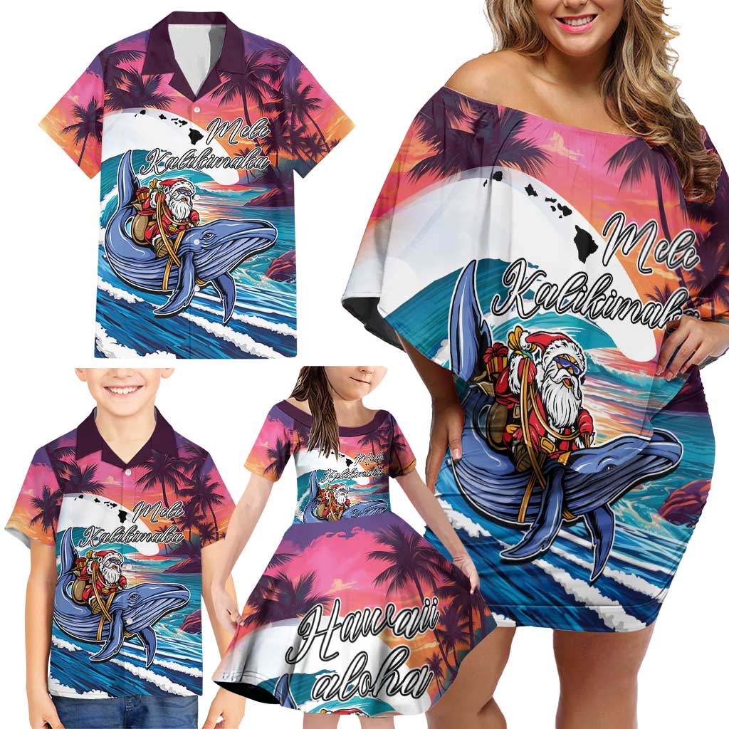Hawaiian Mele Kalikimaka Family Matching Off Shoulder Short Dress and Hawaiian Shirt Santa Claus Driving The Whale with Sunset Ocean Landscape LT03 - Polynesian Pride
