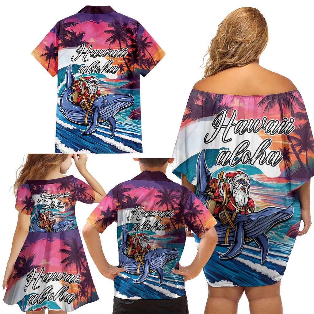 Hawaiian Mele Kalikimaka Family Matching Off Shoulder Short Dress and Hawaiian Shirt Santa Claus Driving The Whale with Sunset Ocean Landscape LT03 - Polynesian Pride
