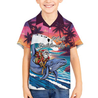 Hawaiian Mele Kalikimaka Family Matching Off Shoulder Short Dress and Hawaiian Shirt Santa Claus Driving The Whale with Sunset Ocean Landscape LT03 Son's Shirt Blue - Polynesian Pride