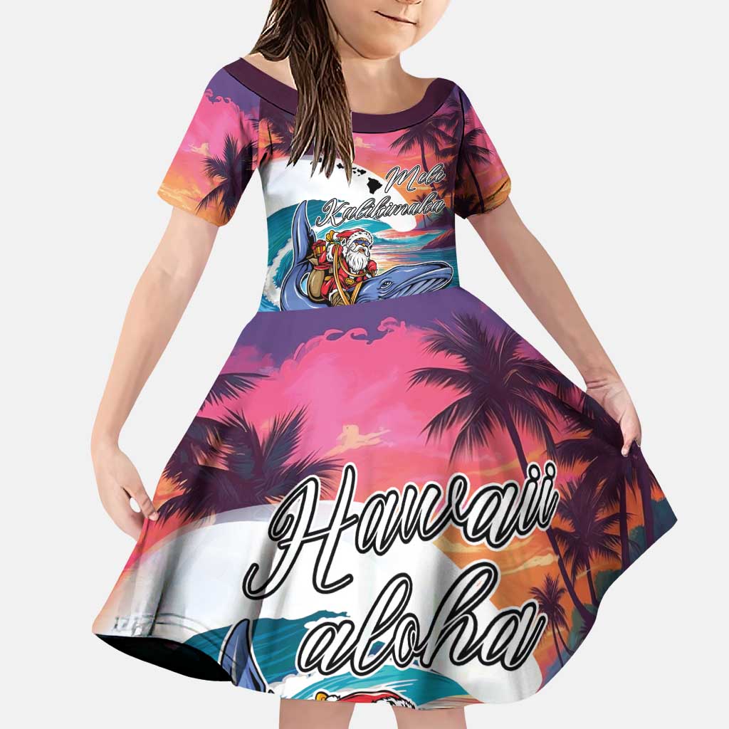 Hawaiian Mele Kalikimaka Family Matching Puletasi and Hawaiian Shirt Santa Claus Driving The Whale with Sunset Ocean Landscape LT03 Daughter's Dress Blue - Polynesian Pride