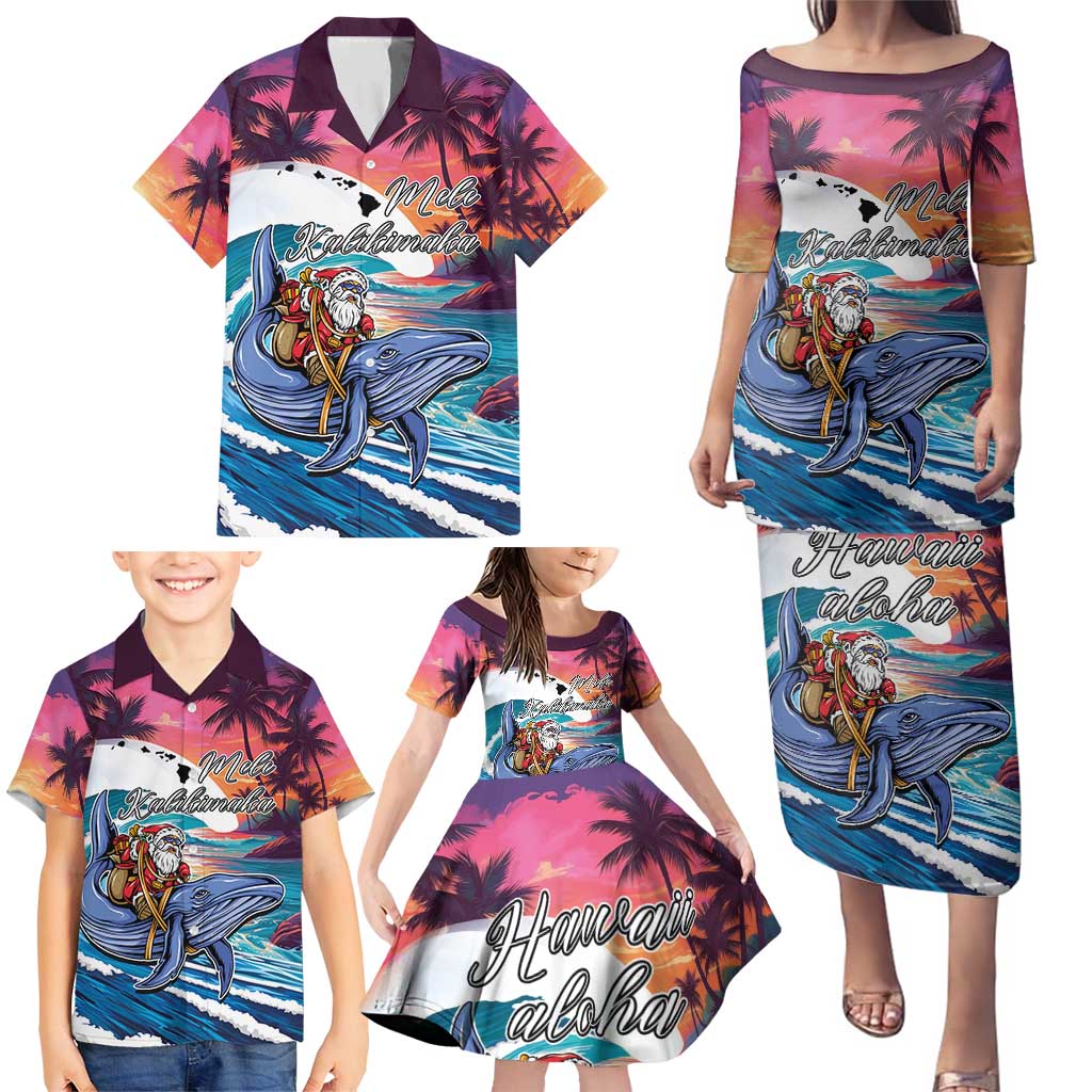 Hawaiian Mele Kalikimaka Family Matching Puletasi and Hawaiian Shirt Santa Claus Driving The Whale with Sunset Ocean Landscape LT03 - Polynesian Pride