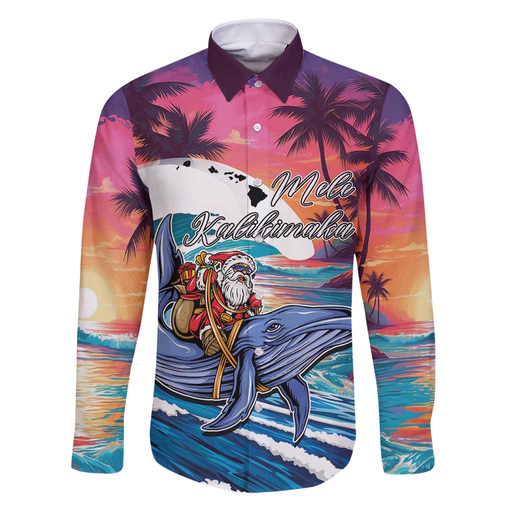 Hawaiian Mele Kalikimaka Family Matching Puletasi and Hawaiian Shirt Santa Claus Driving The Whale with Sunset Ocean Landscape LT03 Dad's Shirt - Long Sleeve Blue - Polynesian Pride