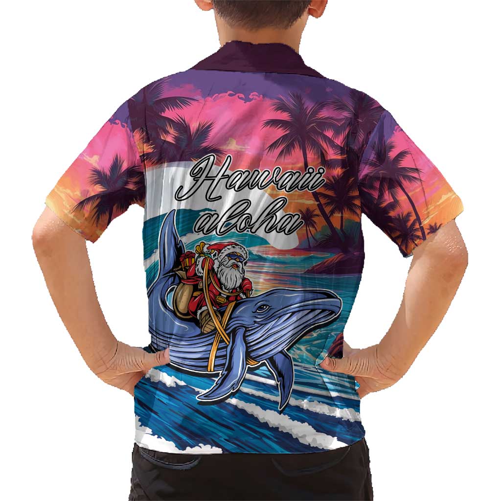 Hawaiian Mele Kalikimaka Family Matching Short Sleeve Bodycon Dress and Hawaiian Shirt Santa Claus Driving The Whale with Sunset Ocean Landscape LT03 - Polynesian Pride