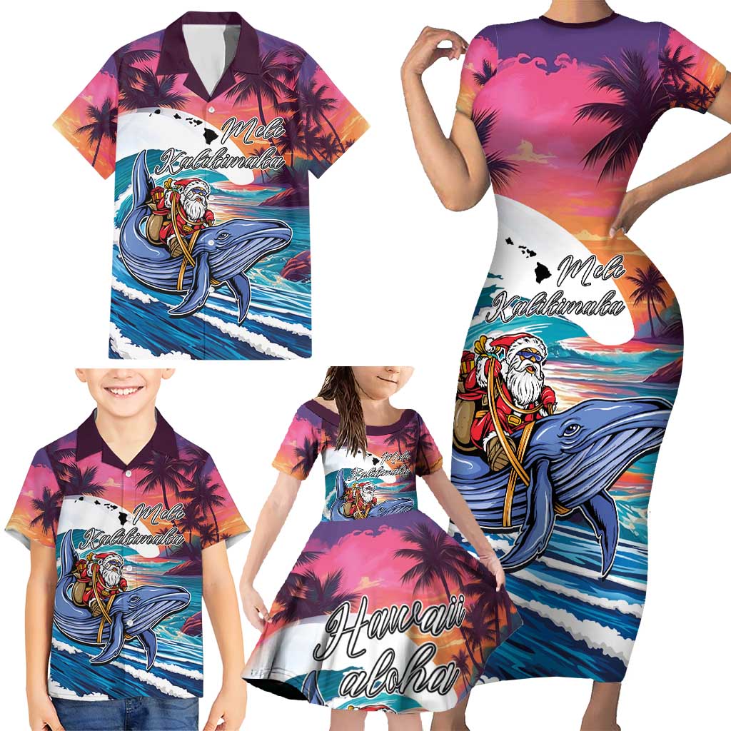 Hawaiian Mele Kalikimaka Family Matching Short Sleeve Bodycon Dress and Hawaiian Shirt Santa Claus Driving The Whale with Sunset Ocean Landscape LT03 - Polynesian Pride