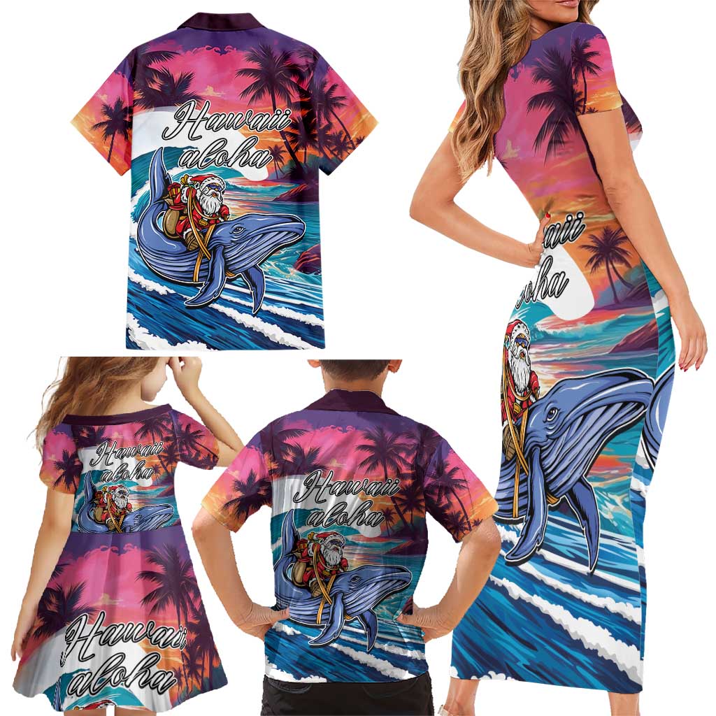 Hawaiian Mele Kalikimaka Family Matching Short Sleeve Bodycon Dress and Hawaiian Shirt Santa Claus Driving The Whale with Sunset Ocean Landscape LT03 - Polynesian Pride