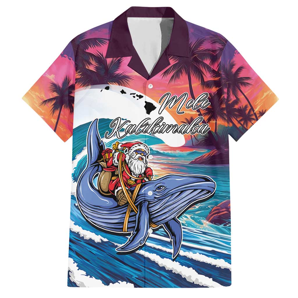 Hawaiian Mele Kalikimaka Family Matching Short Sleeve Bodycon Dress and Hawaiian Shirt Santa Claus Driving The Whale with Sunset Ocean Landscape LT03 Dad's Shirt - Short Sleeve Blue - Polynesian Pride