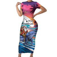 Hawaiian Mele Kalikimaka Family Matching Short Sleeve Bodycon Dress and Hawaiian Shirt Santa Claus Driving The Whale with Sunset Ocean Landscape LT03 Mom's Dress Blue - Polynesian Pride