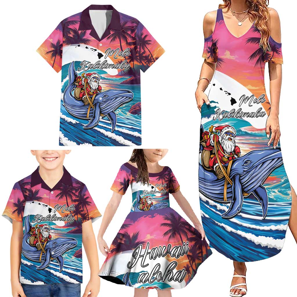 Hawaiian Mele Kalikimaka Family Matching Summer Maxi Dress and Hawaiian Shirt Santa Claus Driving The Whale with Sunset Ocean Landscape LT03 - Polynesian Pride