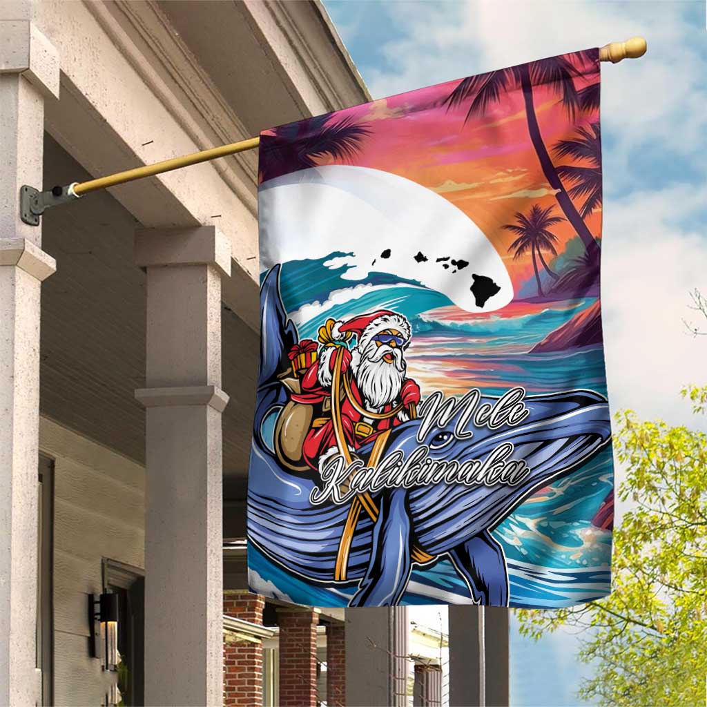 Hawaiian Mele Kalikimaka Garden Flag Santa Claus Driving The Whale with Sunset Ocean Landscape LT03 House Flag Blue - Polynesian Pride