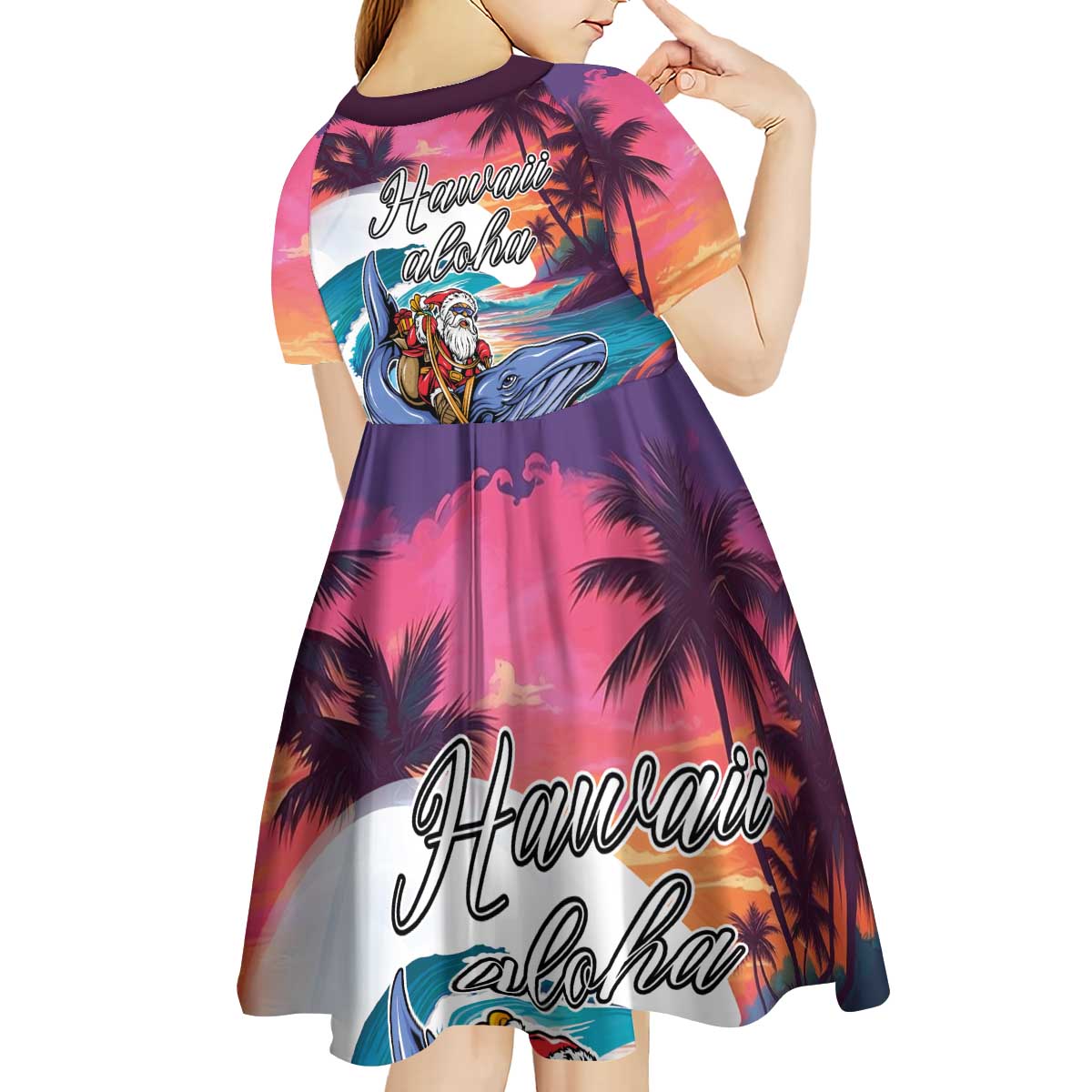 Hawaiian Mele Kalikimaka Kid Short Sleeve Dress Santa Claus Driving The Whale with Sunset Ocean Landscape LT03 - Polynesian Pride