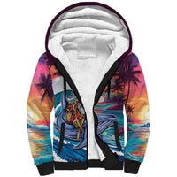 Hawaiian Mele Kalikimaka Sherpa Hoodie Santa Claus Driving The Whale with Sunset Ocean Landscape LT03 Unisex Blue - Polynesian Pride