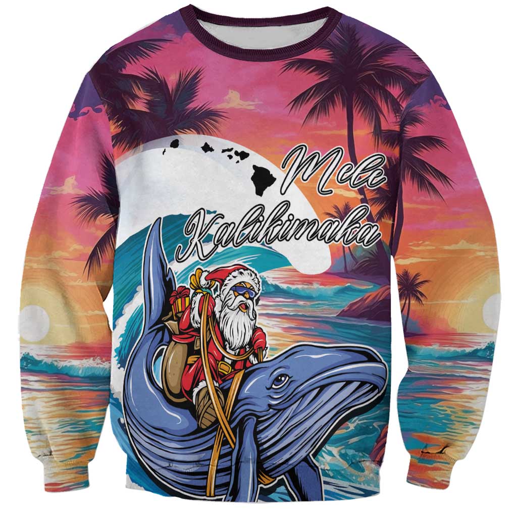 Hawaiian Mele Kalikimaka Sweatshirt Santa Claus Driving The Whale with Sunset Ocean Landscape LT03 Unisex Blue - Polynesian Pride