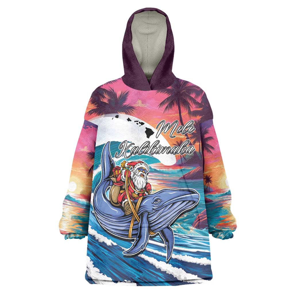 Hawaiian Mele Kalikimaka Wearable Blanket Hoodie Santa Claus Driving The Whale with Sunset Ocean Landscape LT03 One Size Blue - Polynesian Pride