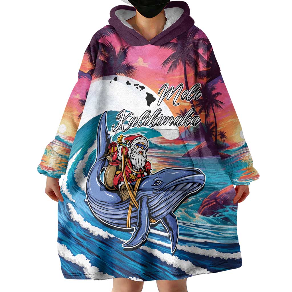 Hawaiian Mele Kalikimaka Wearable Blanket Hoodie Santa Claus Driving The Whale with Sunset Ocean Landscape LT03 - Polynesian Pride