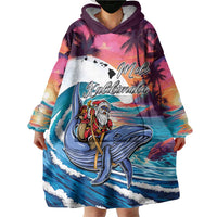 Hawaiian Mele Kalikimaka Wearable Blanket Hoodie Santa Claus Driving The Whale with Sunset Ocean Landscape LT03 - Polynesian Pride