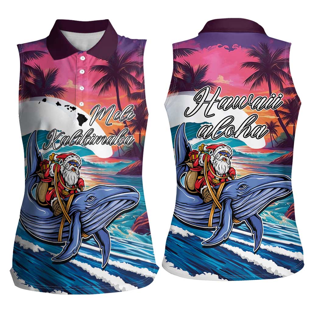 Hawaiian Mele Kalikimaka Women Sleeveless Polo Shirt Santa Claus Driving The Whale with Sunset Ocean Landscape LT03 - Polynesian Pride