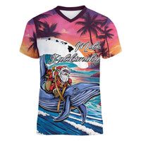 Hawaiian Mele Kalikimaka Women V-Neck T-Shirt Santa Claus Driving The Whale with Sunset Ocean Landscape LT03 Female Blue - Polynesian Pride