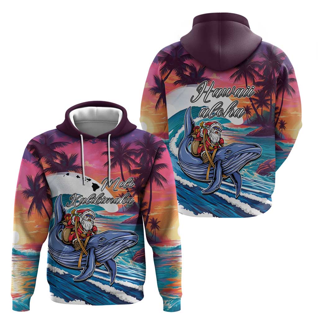 Hawaiian Mele Kalikimaka Zip Hoodie Santa Claus Driving The Whale with Sunset Ocean Landscape