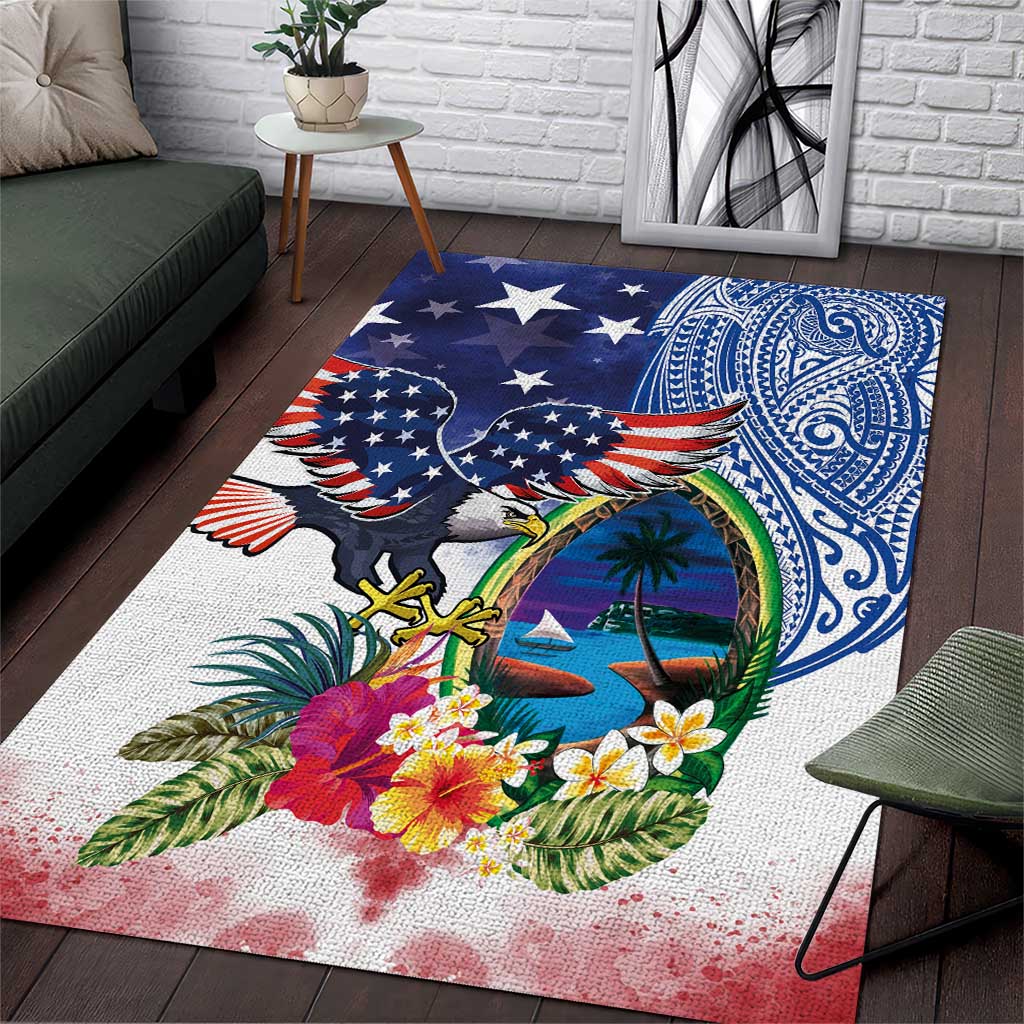 Guam and United States Together Area Rug Bald Eagle and Guam Seal with Flower and Tribal Tattoos LT03 Multicolor - Polynesian Pride