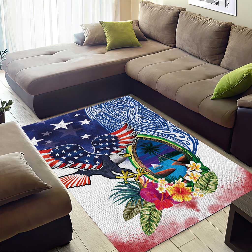 Guam and United States Together Area Rug Bald Eagle and Guam Seal with Flower and Tribal Tattoos LT03 - Polynesian Pride