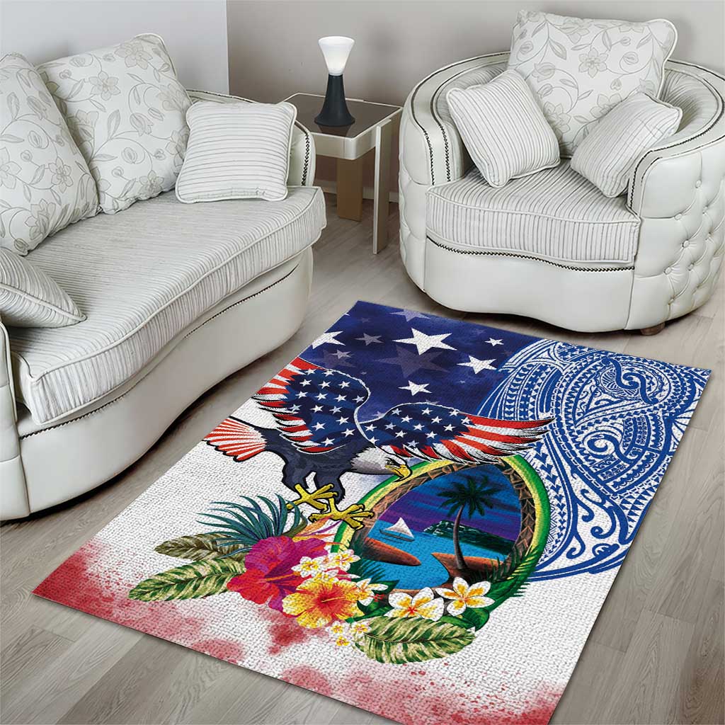 Guam and United States Together Area Rug Bald Eagle and Guam Seal with Flower and Tribal Tattoos LT03 - Polynesian Pride