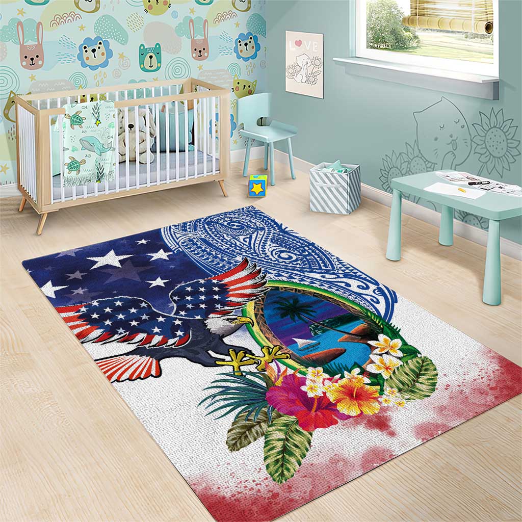 Guam and United States Together Area Rug Bald Eagle and Guam Seal with Flower and Tribal Tattoos LT03 - Polynesian Pride