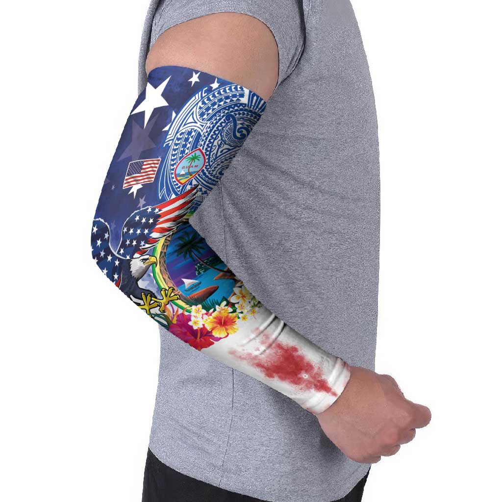 Guam and United States Together Arm Sleeves Bald Eagle and Guam Seal with Flower and Tribal Tattoos - Polynesian Pride