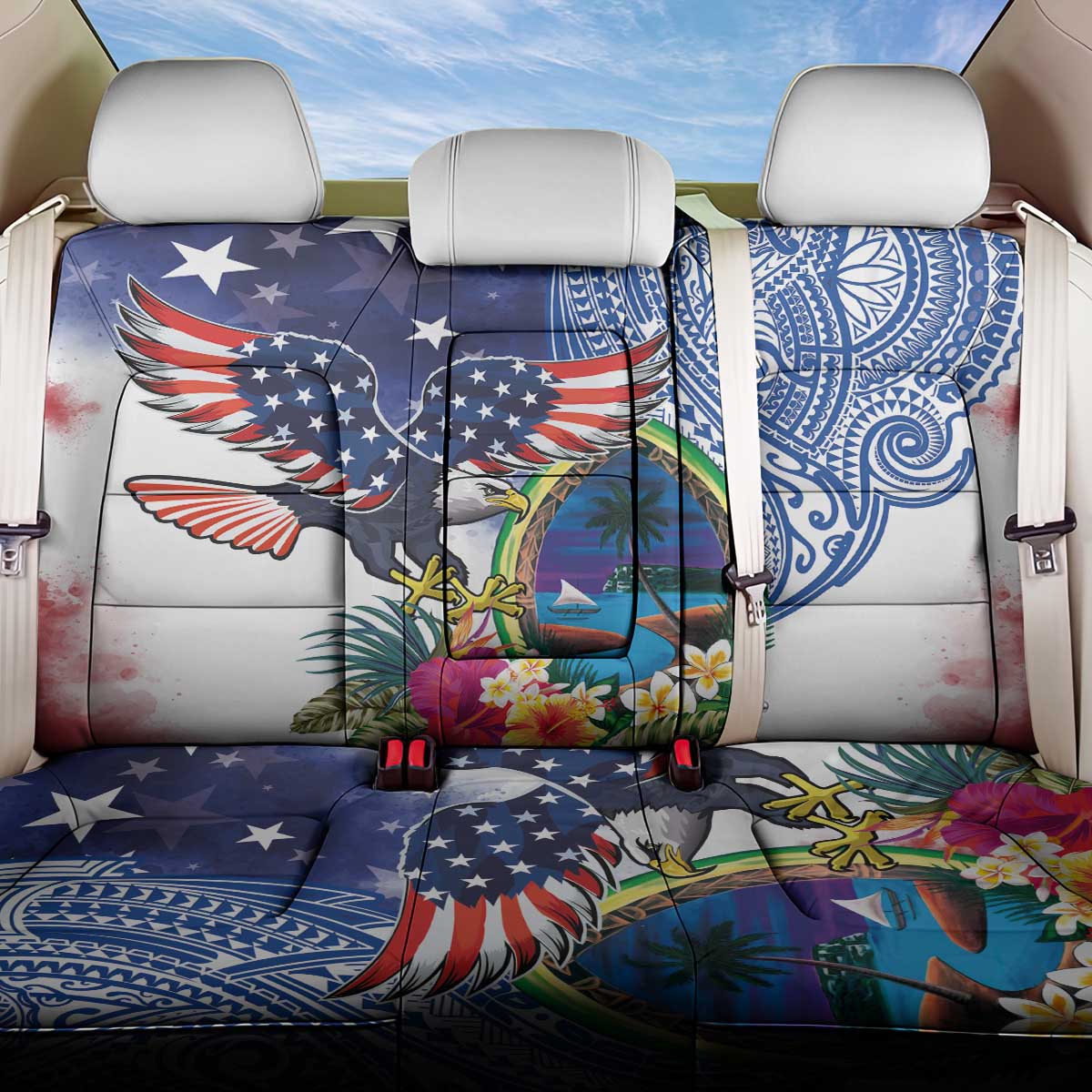 Guam and United States Together Back Car Seat Cover Bald Eagle and Guam Seal with Flower and Tribal Tattoos LT03 One Size Multicolor - Polynesian Pride