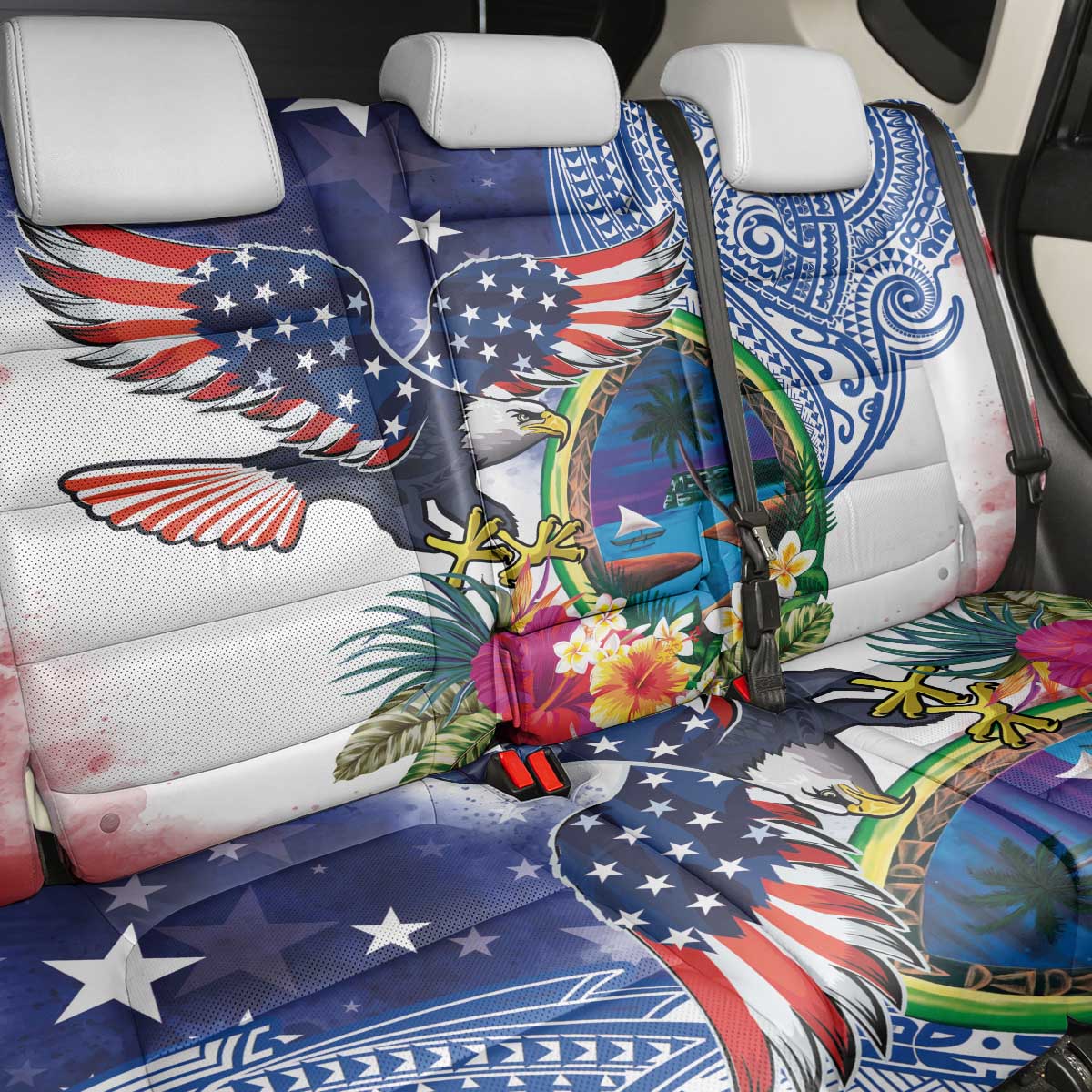 Guam and United States Together Back Car Seat Cover Bald Eagle and Guam Seal with Flower and Tribal Tattoos LT03 - Polynesian Pride