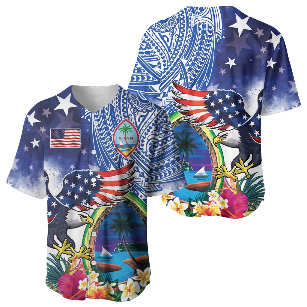 Guam and United States Together Baseball Jersey Bald Eagle and Guam Seal with Flower and Tribal Tattoos - Polynesian Pride