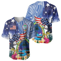 Guam and United States Together Baseball Jersey Bald Eagle and Guam Seal with Flower and Tribal Tattoos - Polynesian Pride